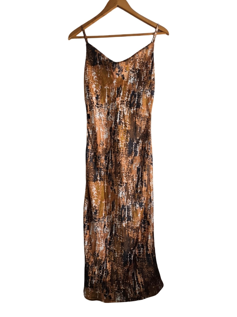 Abstract Animal Print Slip Maxi Dress Earthy Brown Black Spaghetti Strap Small